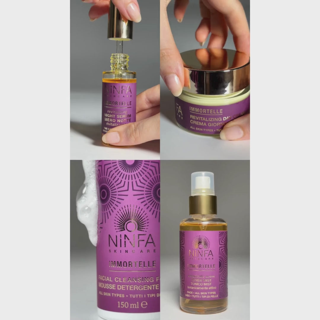 Donna che applica l’intero set skincare Ninfa Skincare all’elicriso, trattamento viso anti age naturale
