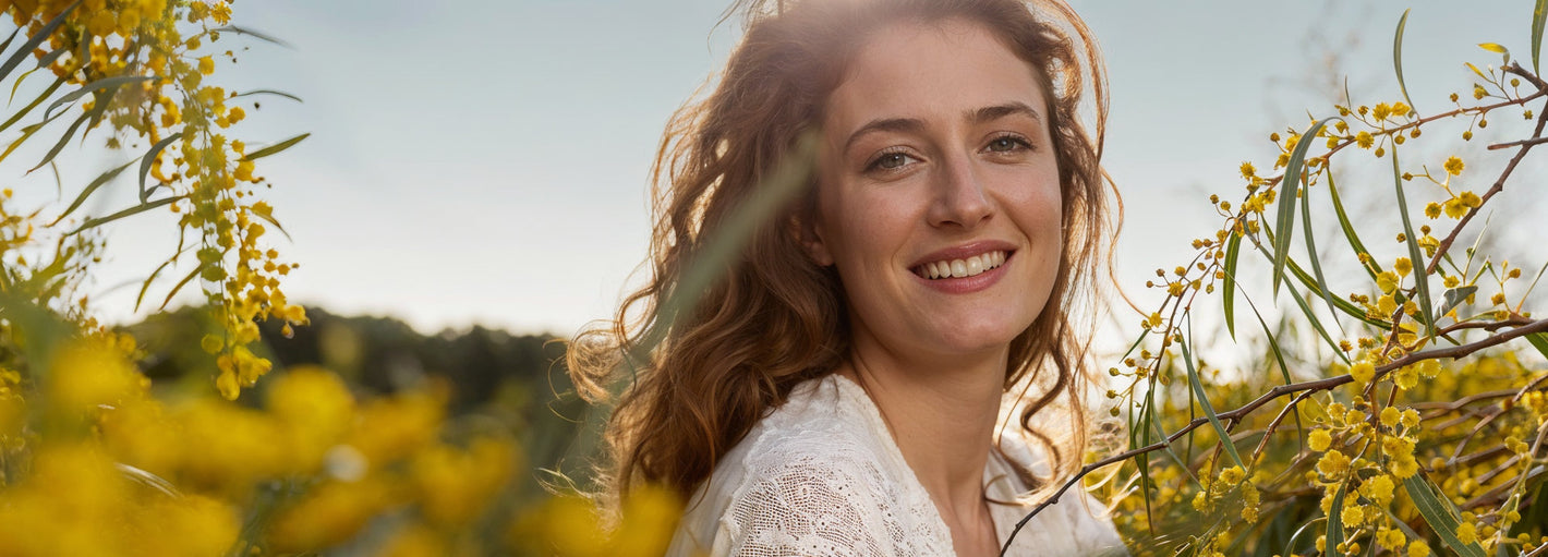 Donna caucasica in un campo di piante officinali, circondata dal verde e dalla luce del sole.