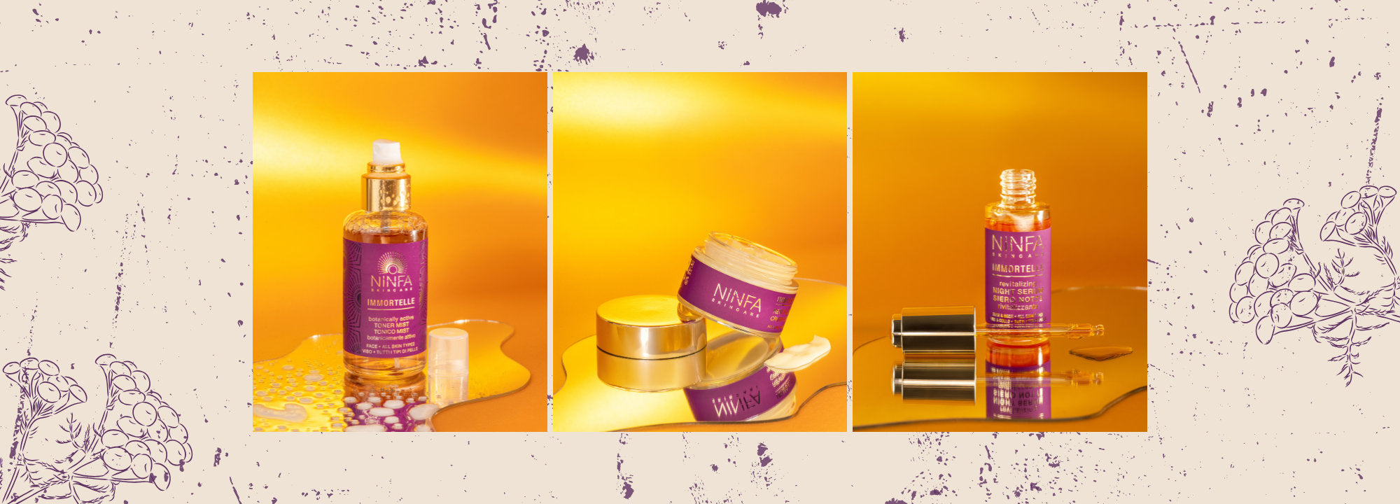 Collage di prodotti Ninfa Skincare – tonico, crema e siero a base di elicriso – disposti artisticamente su uno specchio posato in piano, che riflette il packaging elegante. Le immagini mettono in risalto le texture dei prodotti.